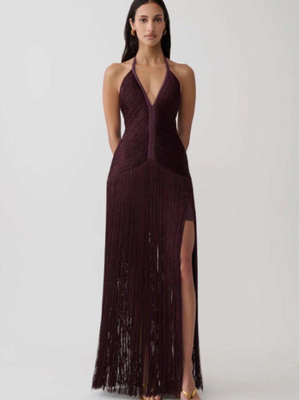 Meshki Tiffany Fringe Maxi Dress in Plum